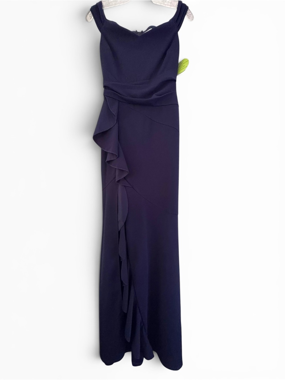 Emerald Sundae Draped Gown Off Shoulder Navy Cascading Ruffle Evening Formal S